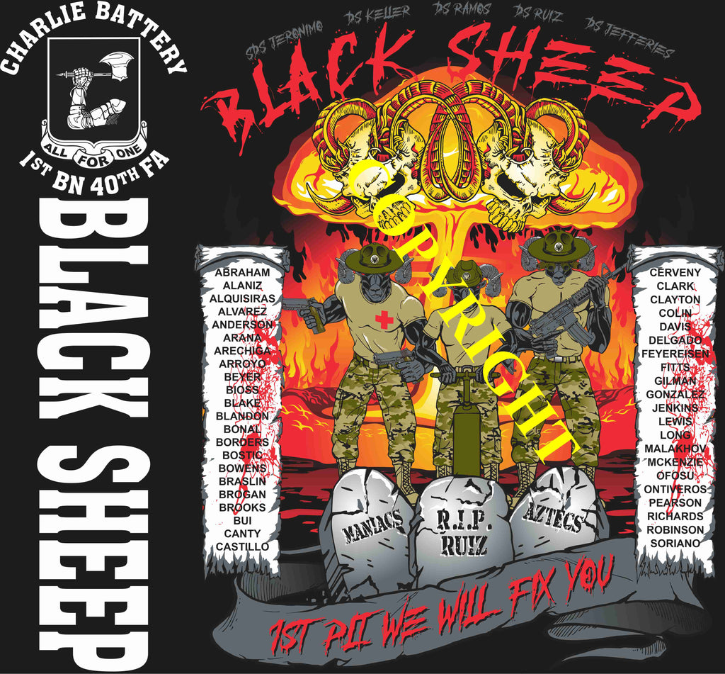 Platoon Items (direct-to-garment print) CHARLIE 1st 40th BLACK SHEEP 1st PLATOON JAN 2025 GRADUATED 1-31-2025