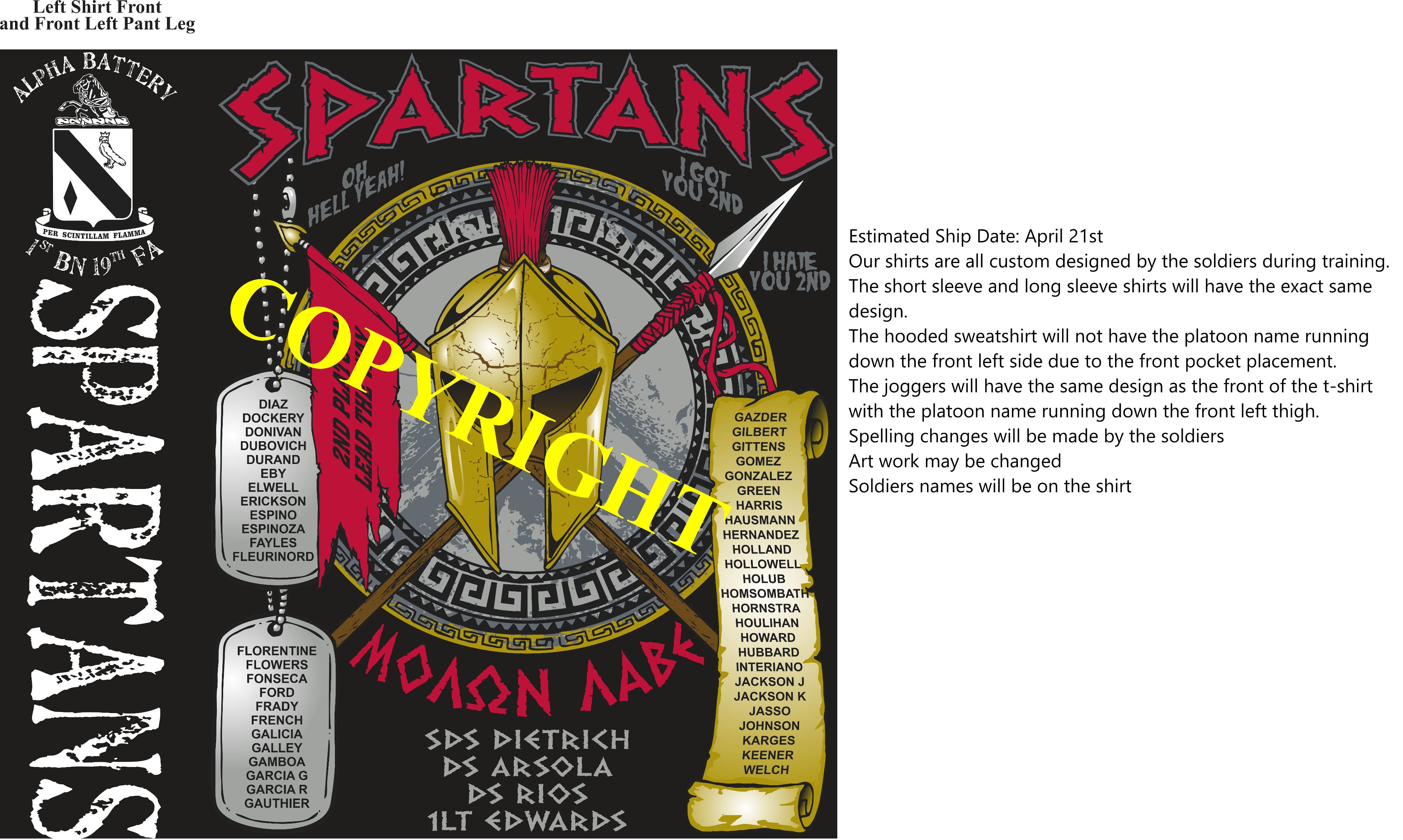 Platoon Shirts (2nd generation print) ALPHA 1st 19th SPARTANS APR 2020